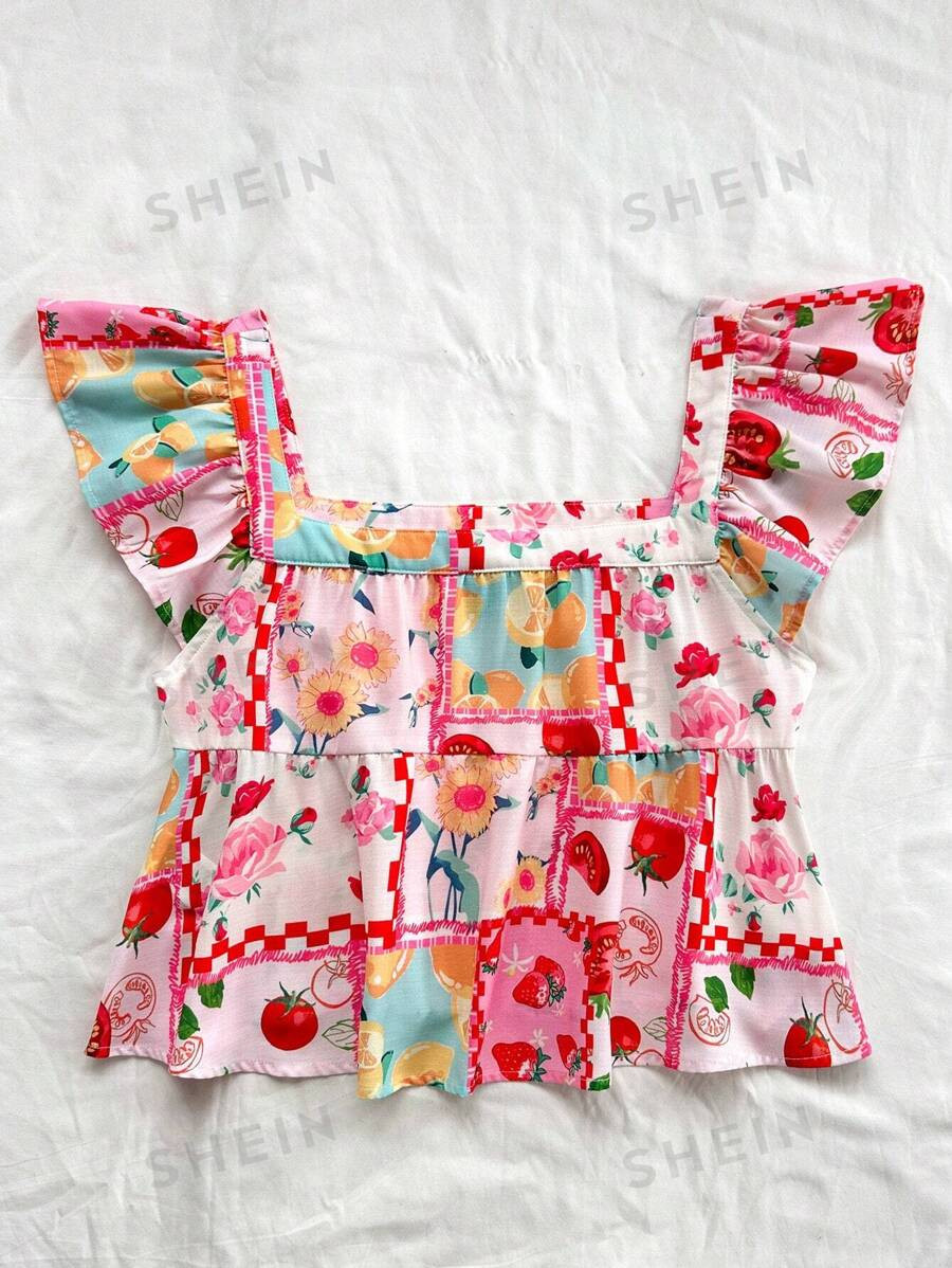 SHEIN WYWH Women's Colorful Fun Fruit & Flower Printed Square Neck Cap Sleeve Loose Fit Shirt Wit... | SHEIN