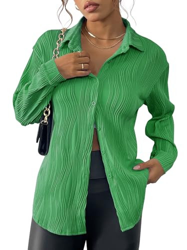 YKR Womens Textured Green Button Down Shirt Long Sleeve Button Up Shirts Casual Work Office Blouse Green M | Amazon (US)