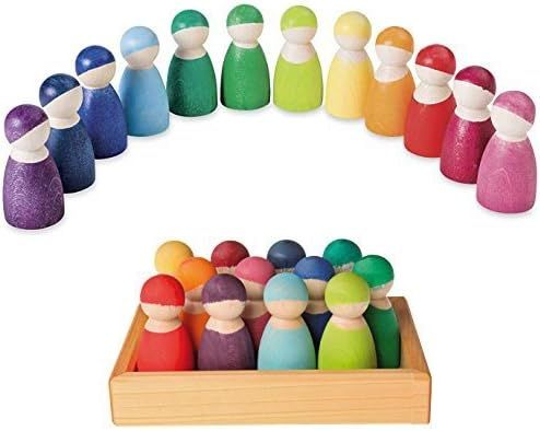 Grimm's Set of 12 Rainbow Friends Peg Dolls - Wooden Pretend Play People Figures with Storage Tra... | Amazon (US)