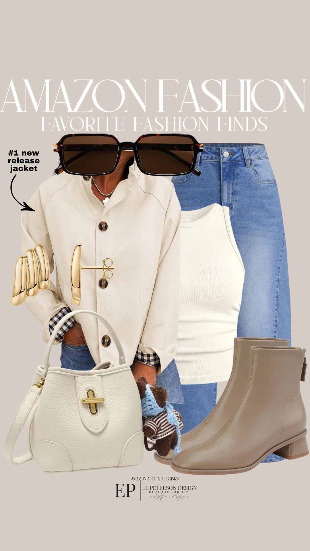 Amazon 
Jacket
Jeans
Sunglasses
Purse
Earrings
Ankle boots