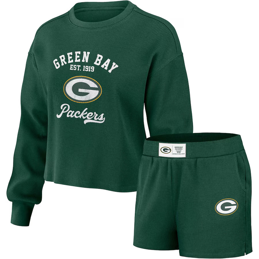 Green Bay Packers WEAR by Erin Andrews Women's Waffle Knit Long Sleeve T-Shirt & Shorts Lounge Se... | Fanatics