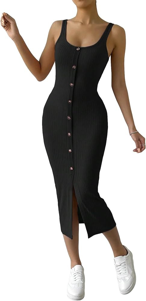 OYOANGLE Women's Button Front Scoop Neck Sleeveless Rib Knit Bodycon Midi Tank Dress | Amazon (US)