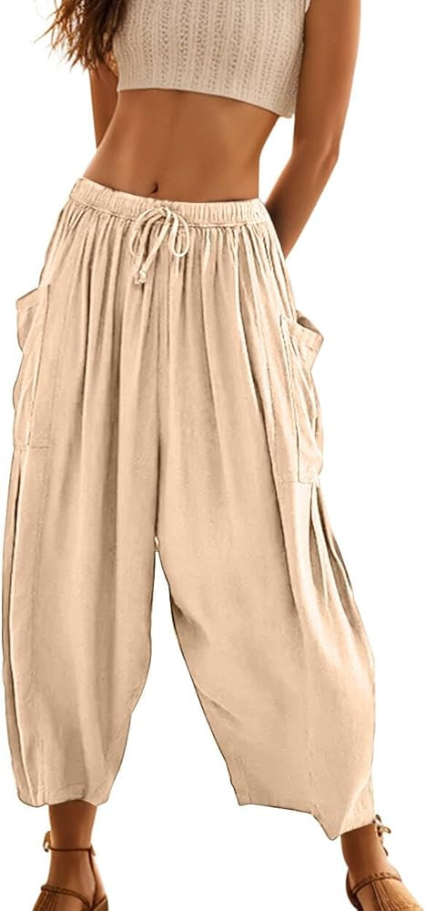 Women's Flowy Linen Pants Free Casual People Wide Leg with Drawstring Pockets Summer Trousers 202... | Amazon (US)