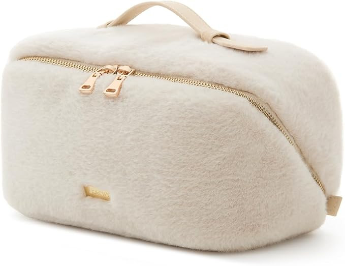 EACHY Travel Makeup Bag,Cute Faux Fur Cosmetic Bag for Women,Portable 180°Wide-Open Flat Toiletr... | Amazon (US)