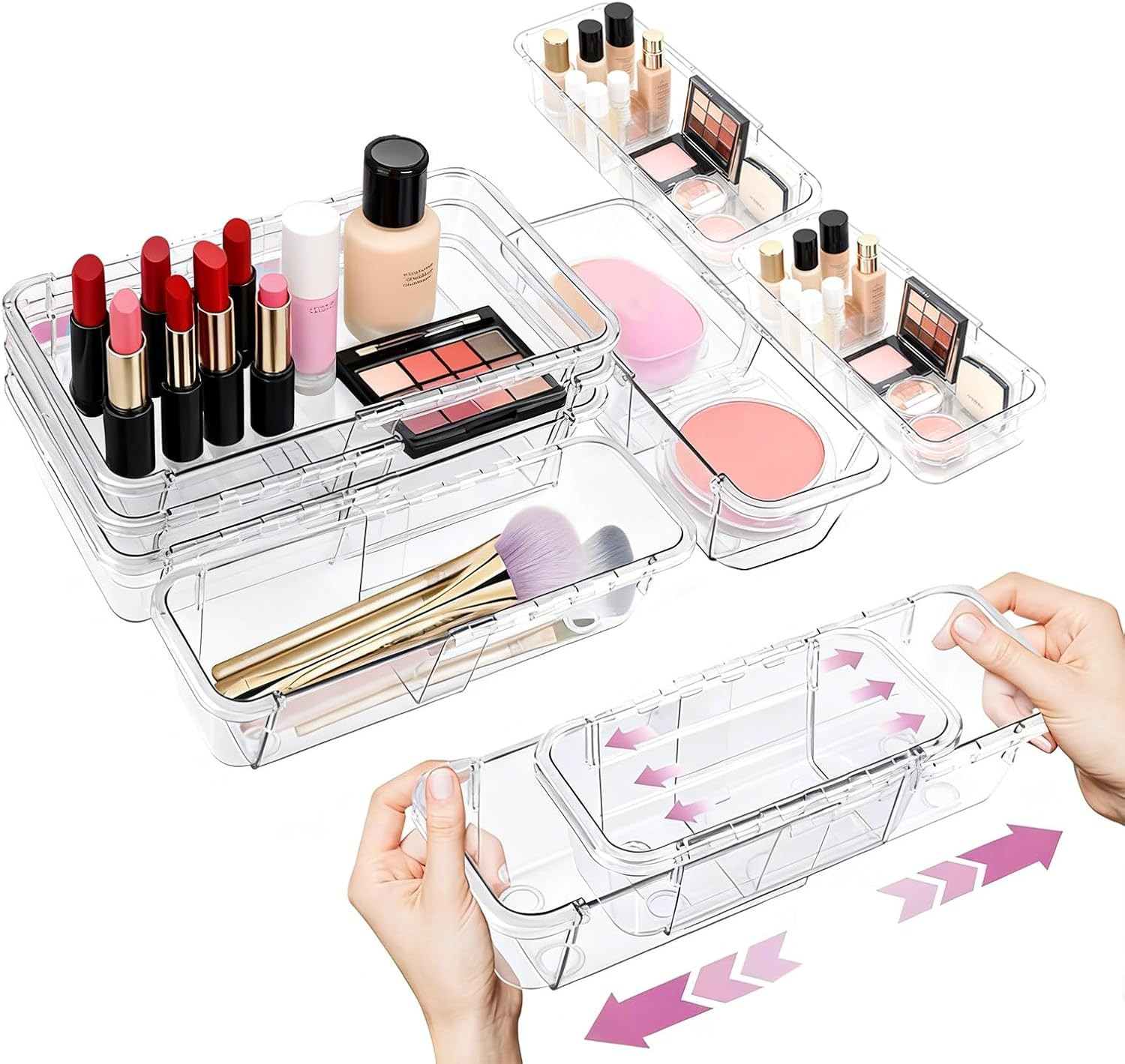16 Pcs Extendable Clear Drawer Organizer, All Adjustable Vanity Storage Box, 2-Size Desk Drawer Organizer, Durable Storage Bins for Makeup, Cosmetic, Bedroom Dressers Tool Organizer for Gadgets | Amazon (US)