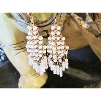 White Earrings Beaded Statement Chandelier Long Gold Dangle Wedding Jewelry Bridal Victorian Bohemia | Etsy (US)