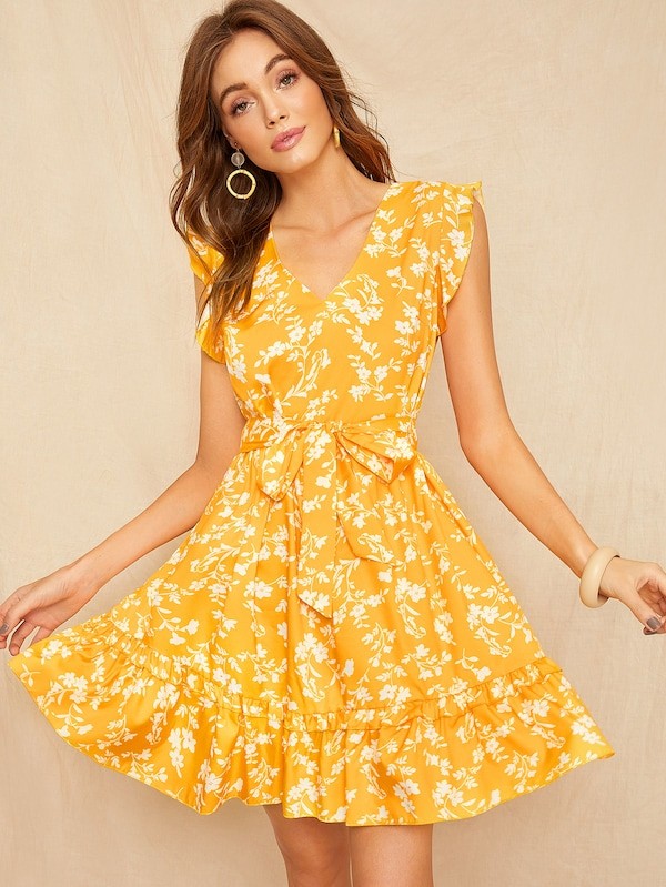 Floral Print Ruffle Hem Self Tie Dress | SHEIN