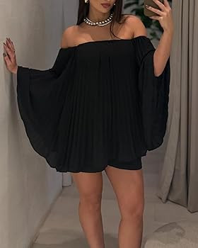 Ophestin Women's 2 Piece Pleated Outfits Off Shoulder Oversized 3/4 Cape Sleeve Shirt Shorts Set ... | Amazon (US)