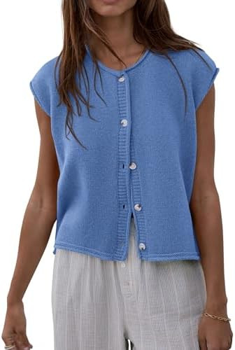 PRETTYGARDEN Womens Cap Short Sleeve Sweater Vest 2026 Spring Summer Lightweight Button Down Card... | Amazon (US)