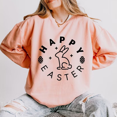 Simply Sage Market Happy Easter Eggs Lightweight Garment Dyed Sweatshirt - S - Peachy | Target