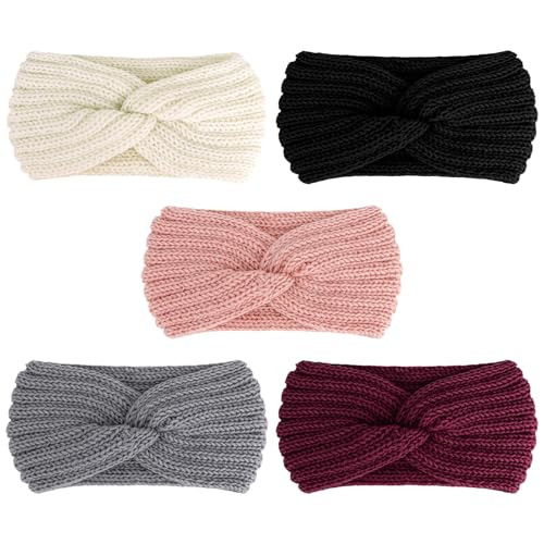 YARIEW 5 Pieces Knit Headbands Winter Headbands Ear Warmers Thick headbands for Women Knitted Headband for Women Crochet Head Wraps for Women Girls (Black Beige Grey Pink Burgundy) | Amazon (US)
