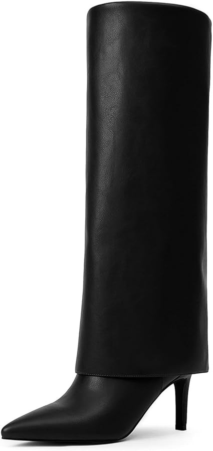 Knee High Boots Women Fold Over Boots Pointed Toe Stiletto Heel Tall Slouchy Boots Zipper Dress L... | Amazon (US)