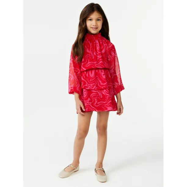 Scoop Girls Long Sleeve Smocked Neck Tiered Dress, Sizes 4-12 - Walmart.com | Walmart (US)