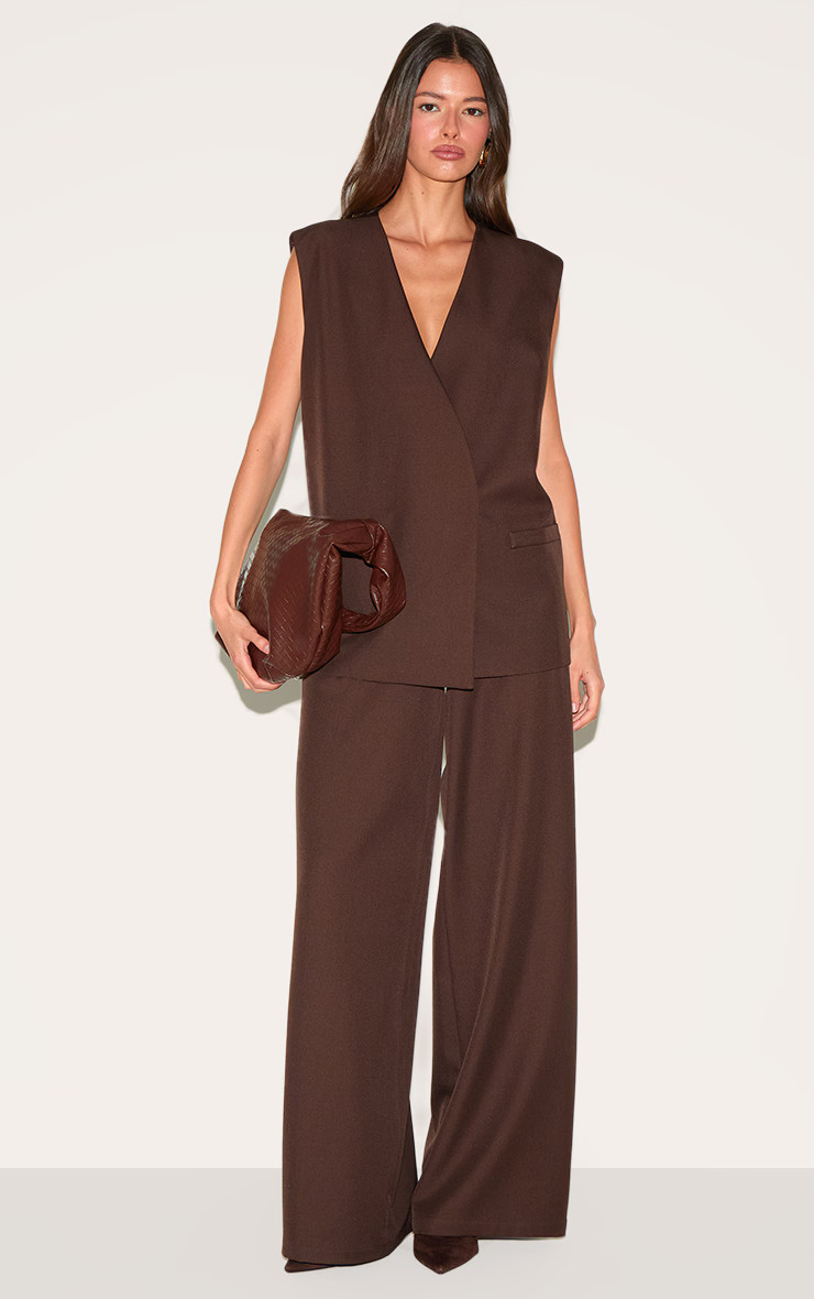 Chocolate  Woven Collarless Oversized Shoulder Pad Vest | PrettyLittleThing US