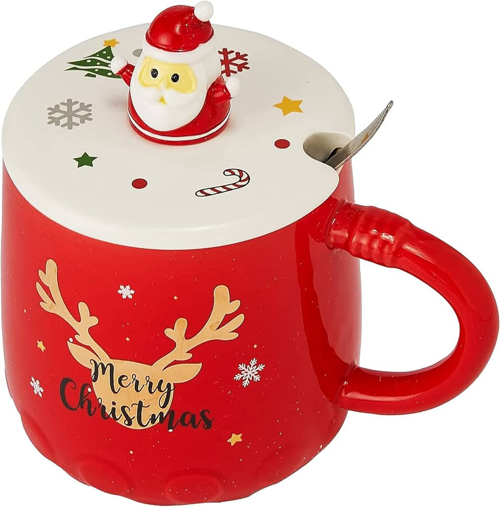 Santa's Christmas Reindeer Mug Festive with Spoon and Santa Hat Lid - Ceramic Microwave & Dishwas... | Amazon (US)