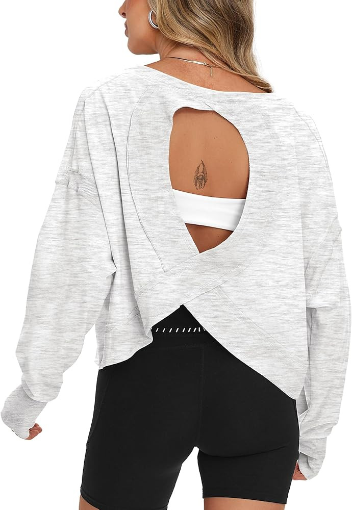 Darong Women's Open Back Workout Top Oversized Athletic Shirt Long Sleeve Crop Top with Thumb Hol... | Amazon (US)