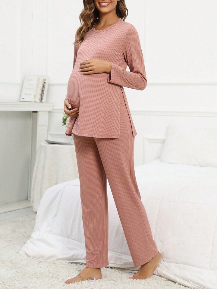 Maternity Split Hem Tee & Adjustable Waist Pants Lounge Set | SHEIN
