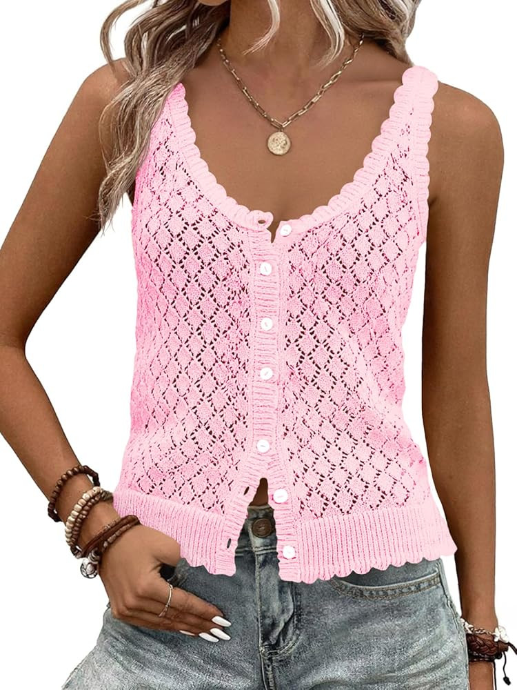 Fisoew Womens Sweater Tank Tops Summer Sleeveless Crochet Cardigan Button Down Boho Knit Going Ou... | Amazon (US)