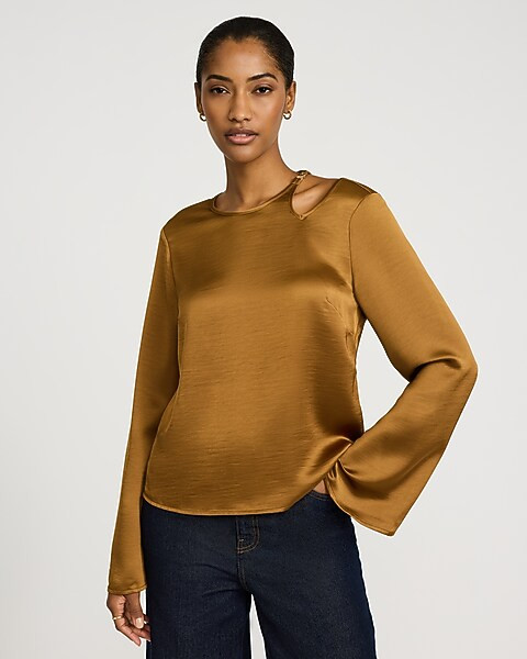 Satin Shoulder Cutout Long Sleeve Top | Express