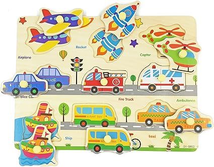 Wooden Puzzles Vehicles & Traffic Tools Chunky Baby Puzzles Peg Board for Preschool Educational J... | Amazon (US)