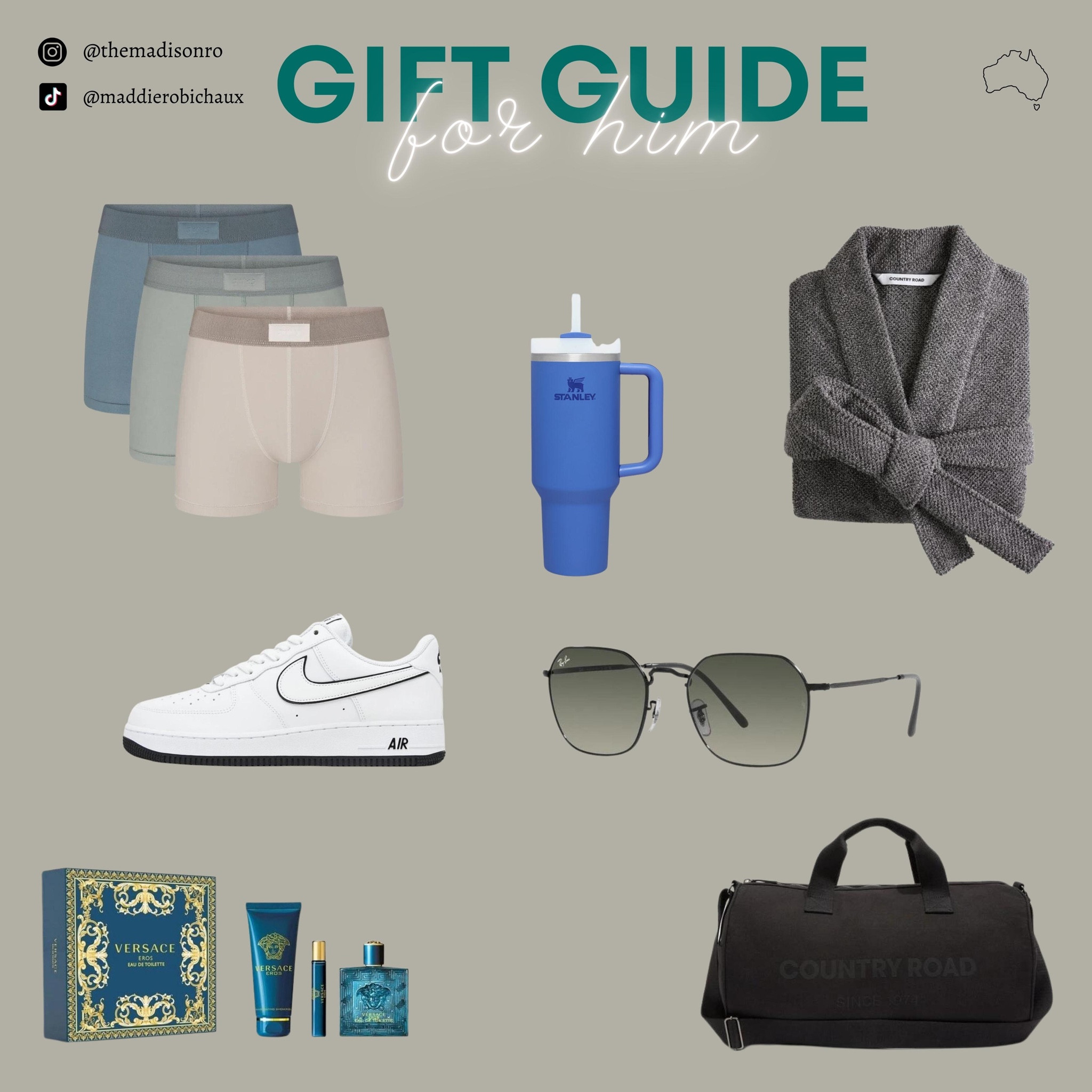 Gift Guide for him with Australian store links! 
Gift Guide, Gifts for him, Duffel Bag, Stanley, Sunglasses, Cologne Set

#LTKmens #LTKGiftGuide #LTKaustralia