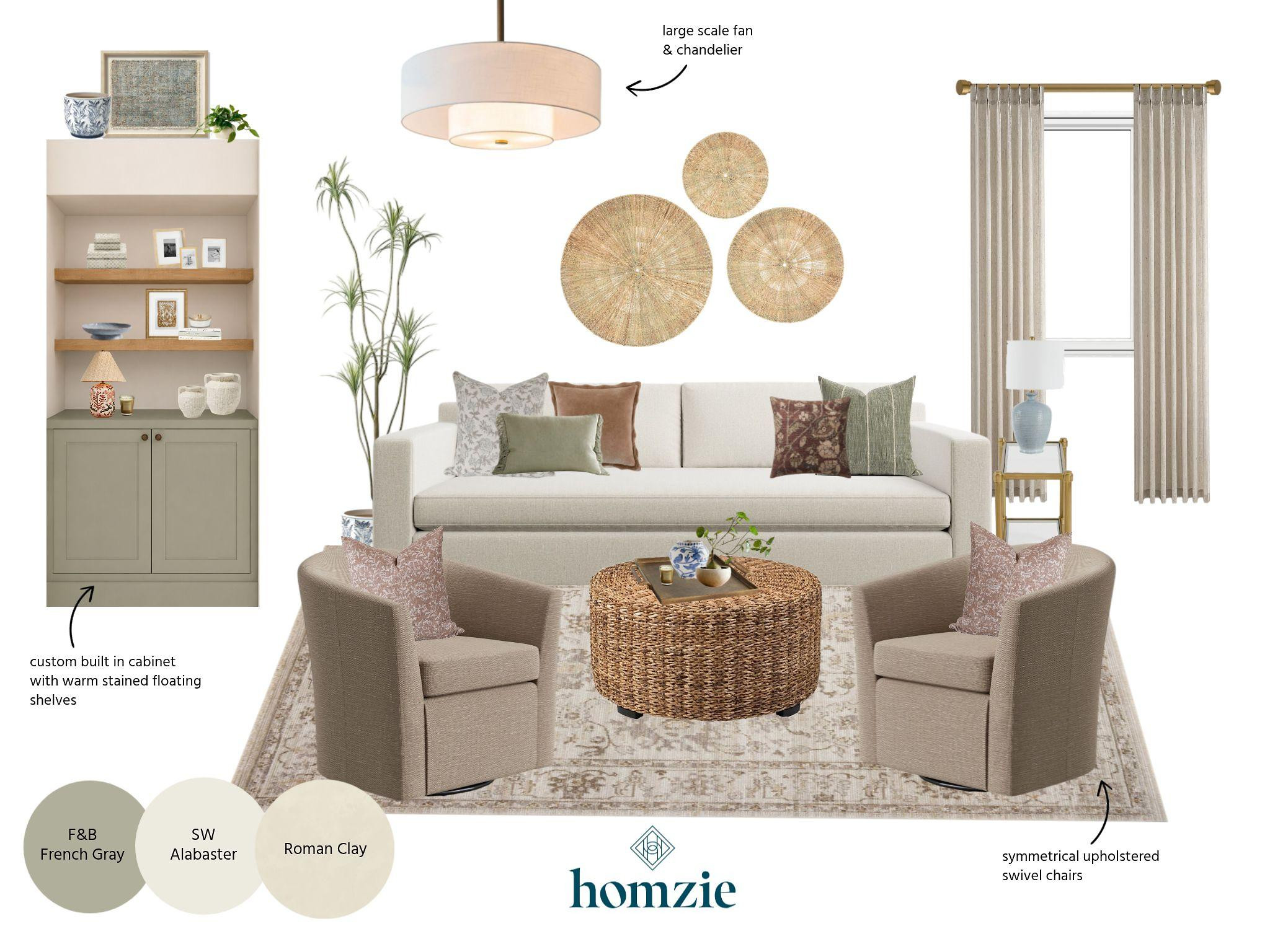 Coastal charm meets modern farmhouse comfort. 🌿✨

This living room blends soft creams, sage greens, warm wood tones, and calming blue accents for a space that feels light, welcoming, and timeless. Sage green built-ins with warm wood floating shelves create a beautiful focal point, while symmetrical upholstered swivel chairs, oversized wall art, and statement lighting add balance and character. Every detail is thoughtfully layered to create a cozy space that's perfect for everyday living.

#LTKHome #LivingRoomDesign #CoastalFarmhouse #ModernFarmhouse #CoastalStyle #NeutralHome #InteriorDesign #HomeDecor #LTKCreator 

 