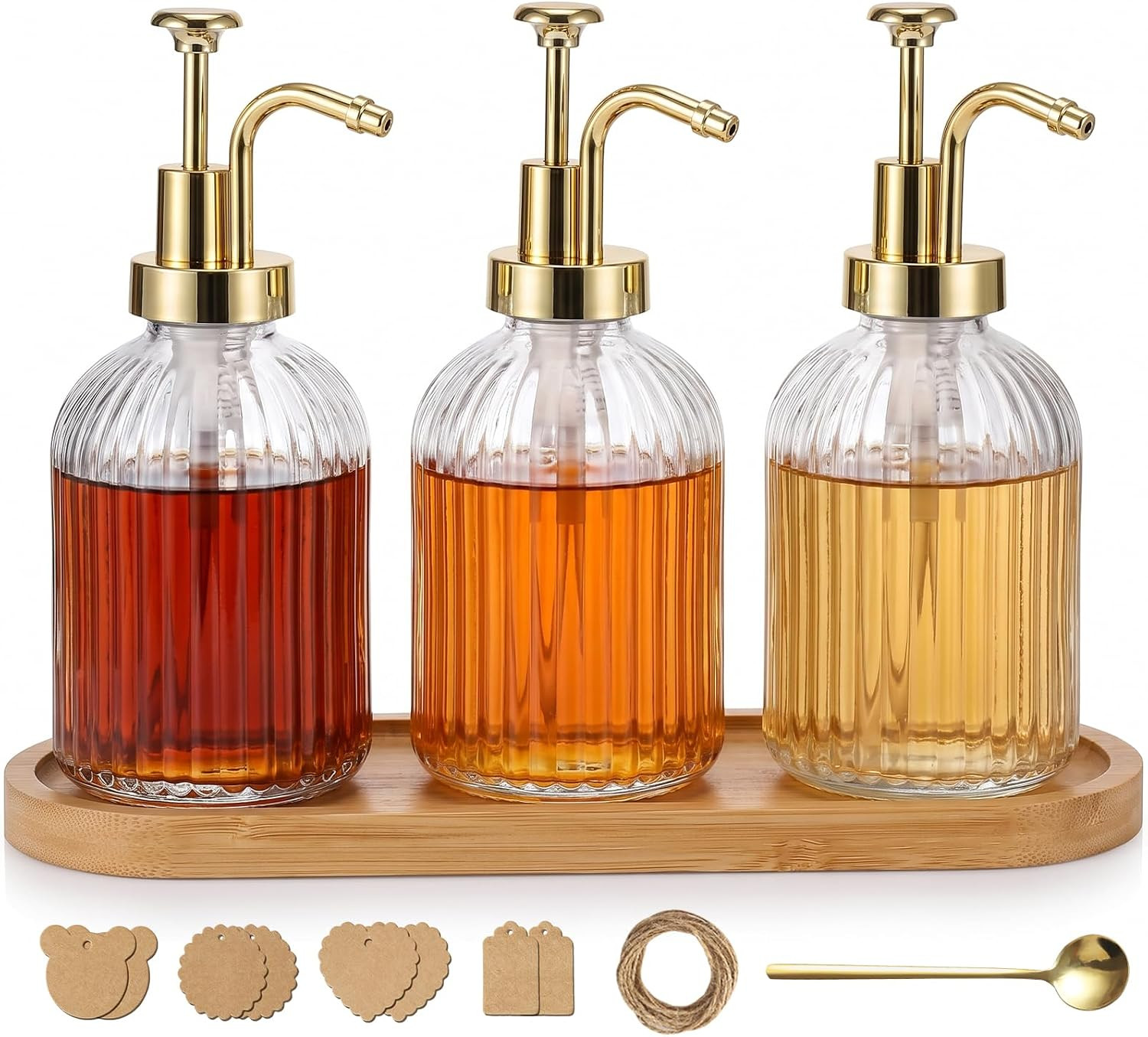 Coffee Syrup Dispenser for Coffee Bar, 12fl oz Glass Syrup Dispenser with Pump, Coffee Ribbed Syrup Pump Dispenser for Home Coffee Station, Latte & Iced Station Organizer Accessories, Gold, Set of 3 | Amazon (US)