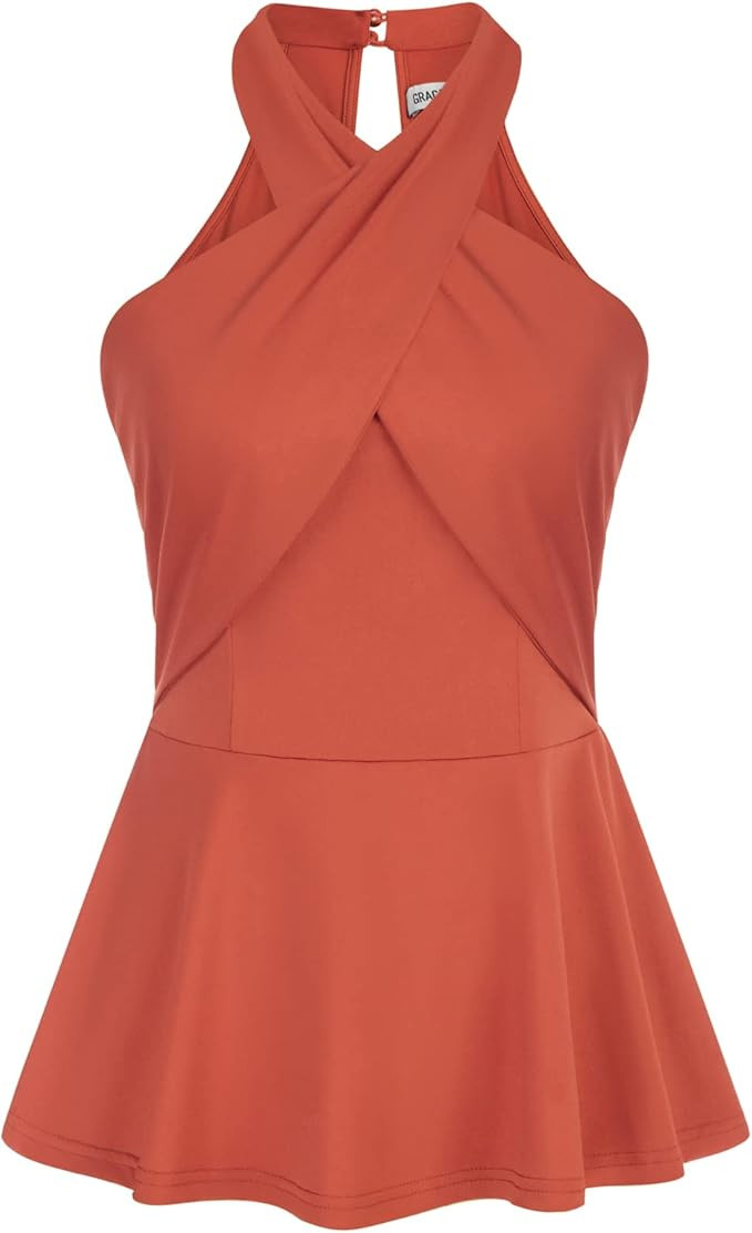 GRACE KARIN Halter Tops for Women Criss Cross Summer Sleeveless Peplum Tank Trendy Top Flowy Shir... | Amazon (US)