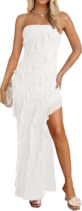 ZESICA Women's 2026 Strapless Cocktail Party Bodycon Dress Off Shoulder Mesh Tassel Ruffle Side S... | Amazon (US)