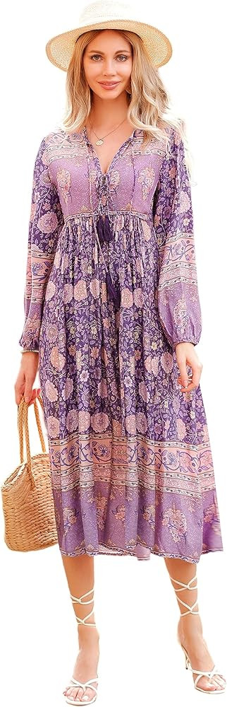 R.Vivimos Women's Long Sleeve Floral Print Retro V Neck Tassel Bohemian Midi Dresses | Amazon (US)