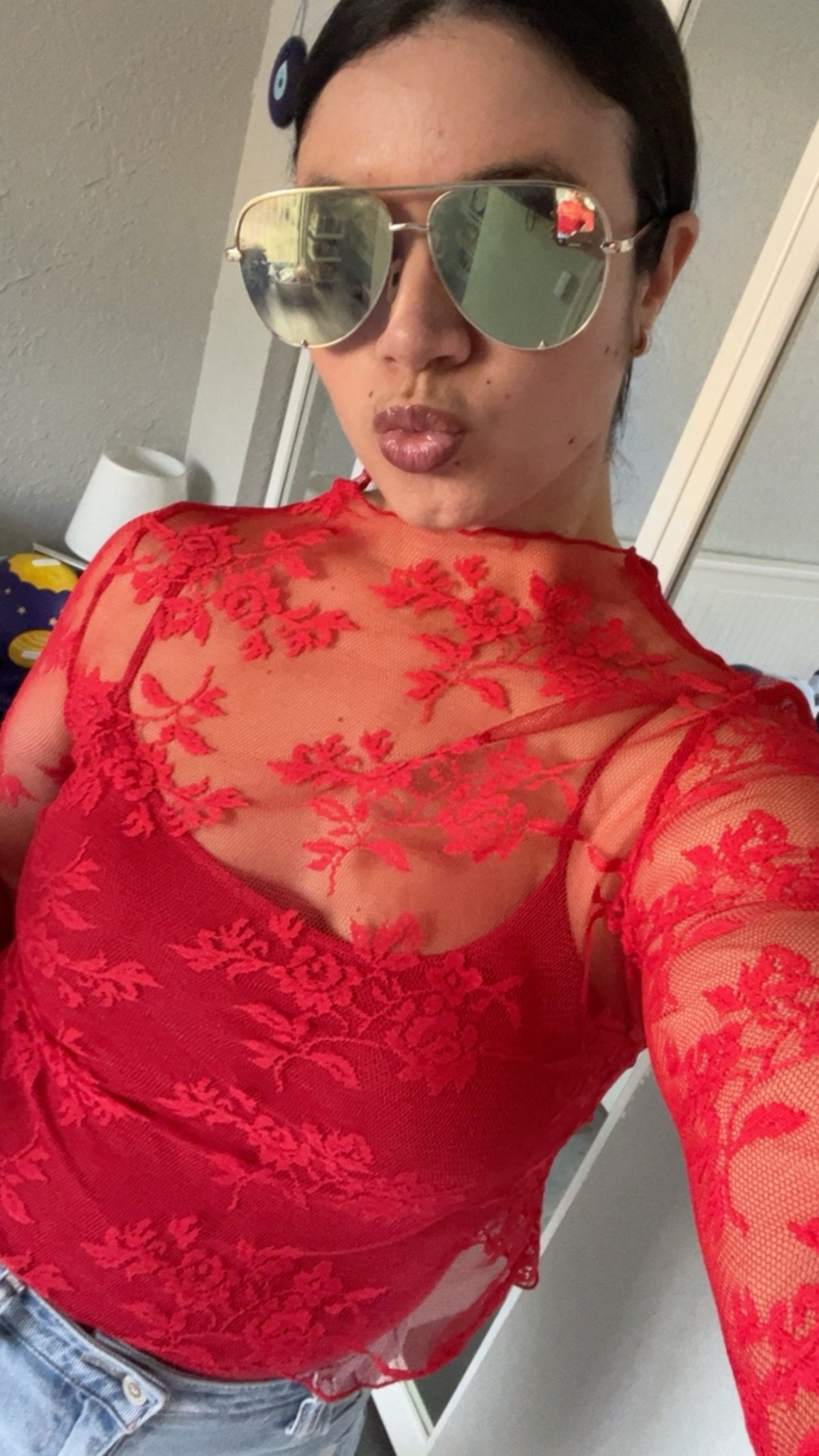 Red mesh / lace top. 
Quay sunnies

#LTKootd #LTKMidsize #LTKSaleAlert