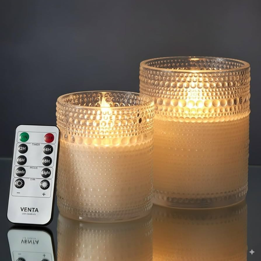 VENTA Realistic Glow Flameless Candles | Decorative Set of 2 in White Dotted Glass with Remote & ... | Amazon (US)
