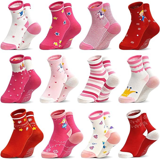 SkiBeaut Toddlers Girls Socks 12 Pairs Non Slip Skid Crew Socks with Grips for Little Girl Toddle... | Amazon (US)