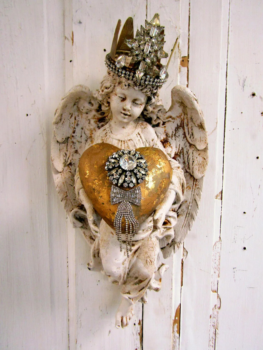 Angel Wall Sculpture With Crown and Heart Wall Hanging Home Decor, Distressed Painted Cherub Aged... | Etsy (US)