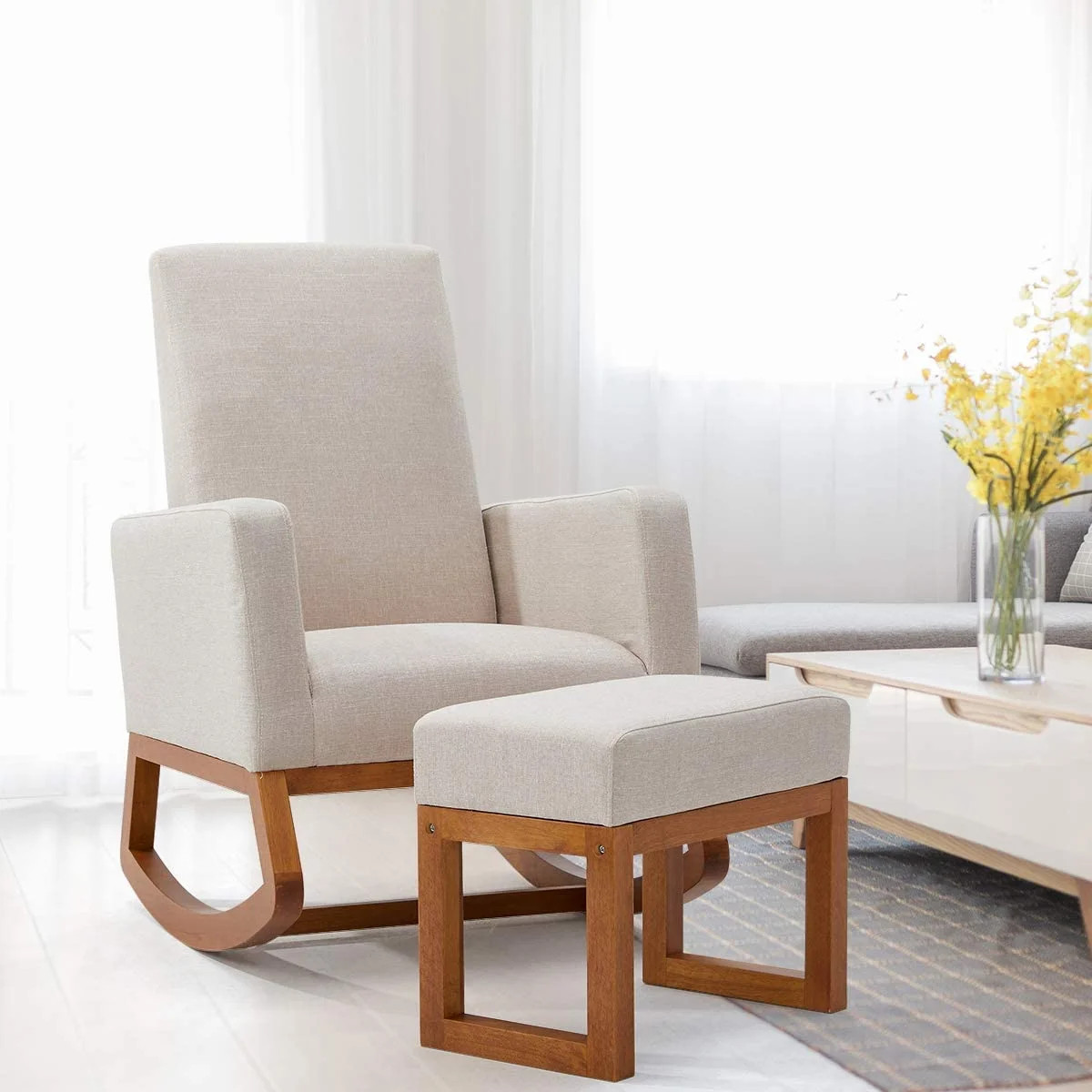 Erommy Rocking Chair,Mid Century Accent Chair,Glider Rocker with Ottoman,Seat Wood Base,High Back... | Walmart (US)