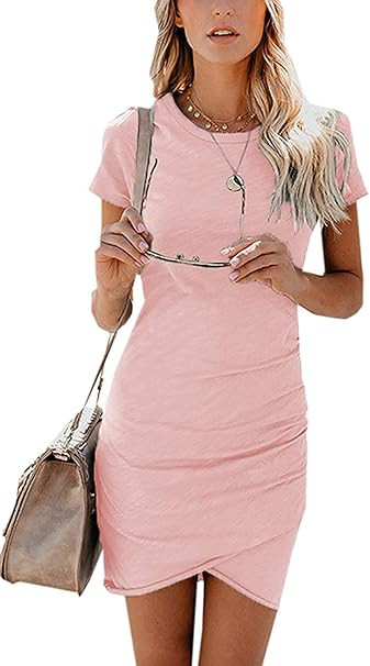 Women’s 2021 Summer Casual Crew Neck Ruched Stretchy Tulip Hem Bodycon Short Mini Dress T Shirt... | Amazon (US)