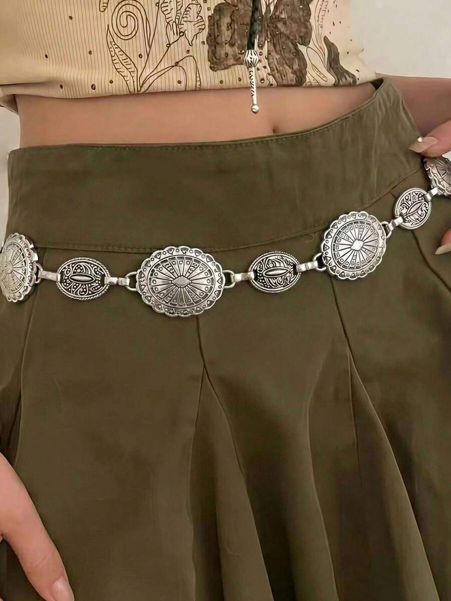 1 Piece Of Western Style Retro Fashion Personalized Metal Pattern Old Flower Plate Loop Waist Cha... | SHEIN