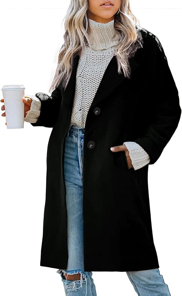Womens Notched Lapel Coat Classic Single Breasted Pea Coat Winter Wool Blend Long Trench Overcoat... | Amazon (US)
