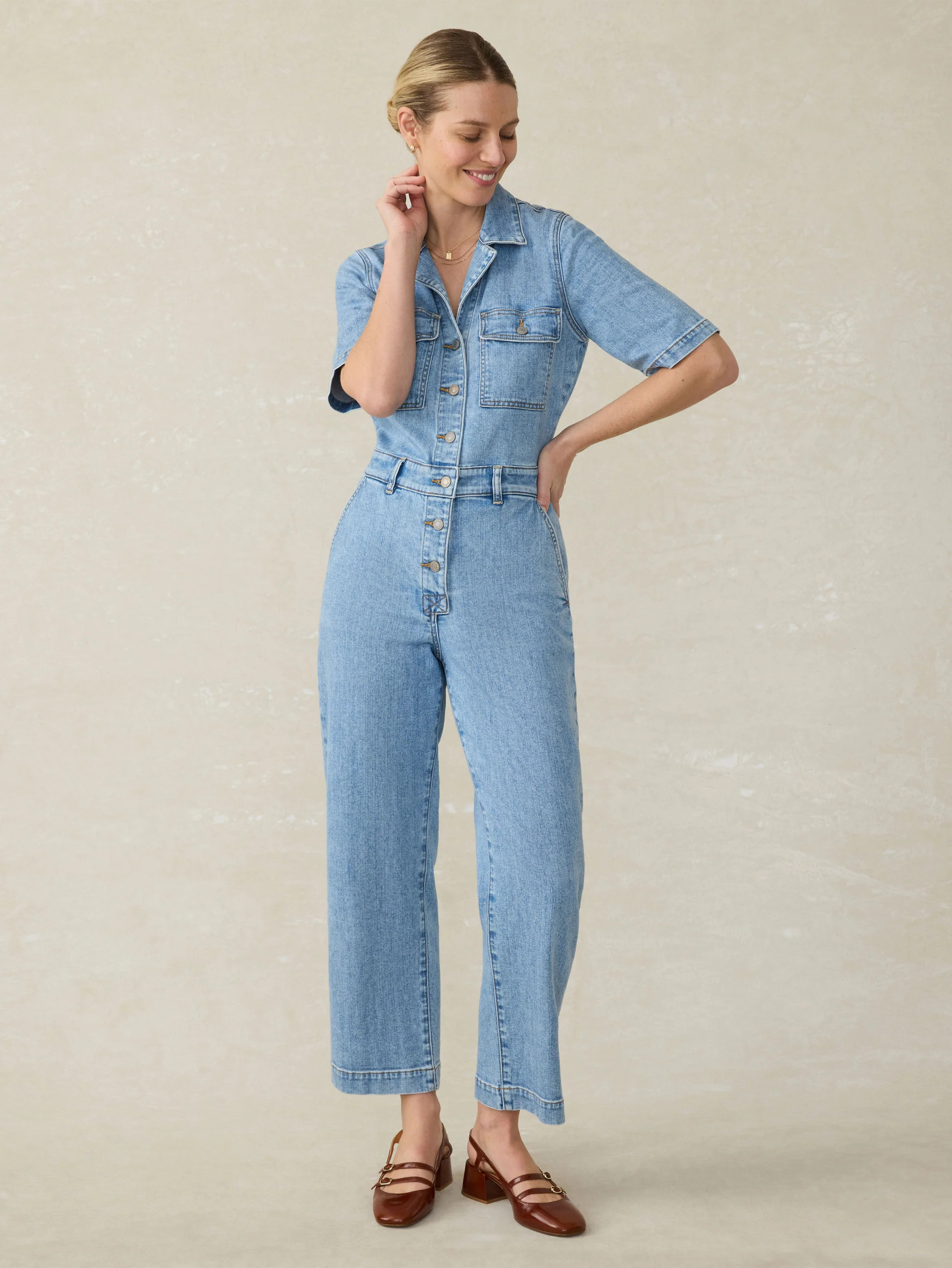 Denim Michelle Short-Sleeve Jumpsuit - Cloudlight Wash | Faherty