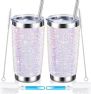 Lallisa 2 Pcs Rhinestone Tumblers Bling Cups 20 oz Glitter Water Bottles Stainless Steel Vacuum I... | Amazon (US)