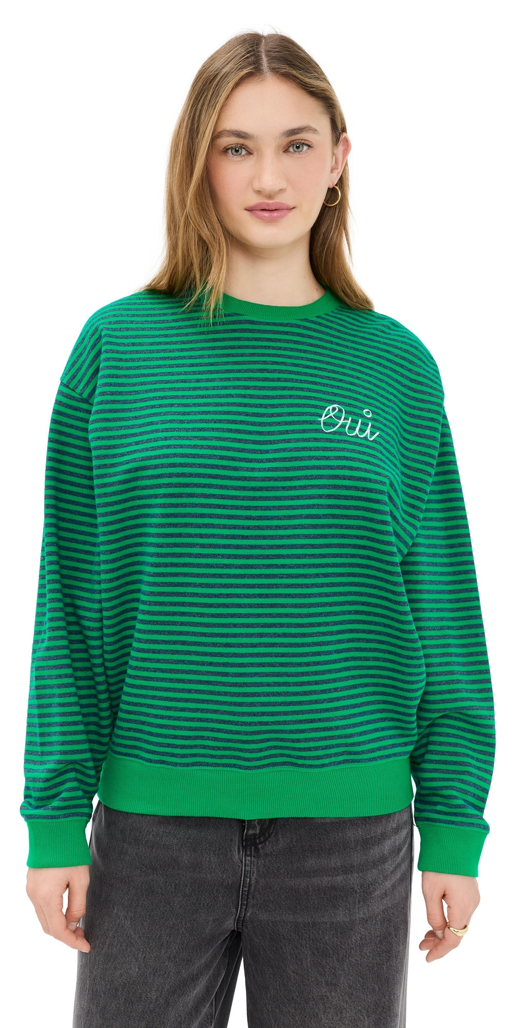 Clare V. Oversized Striped Sweatshirt Green/Charcoal L | Shopbop