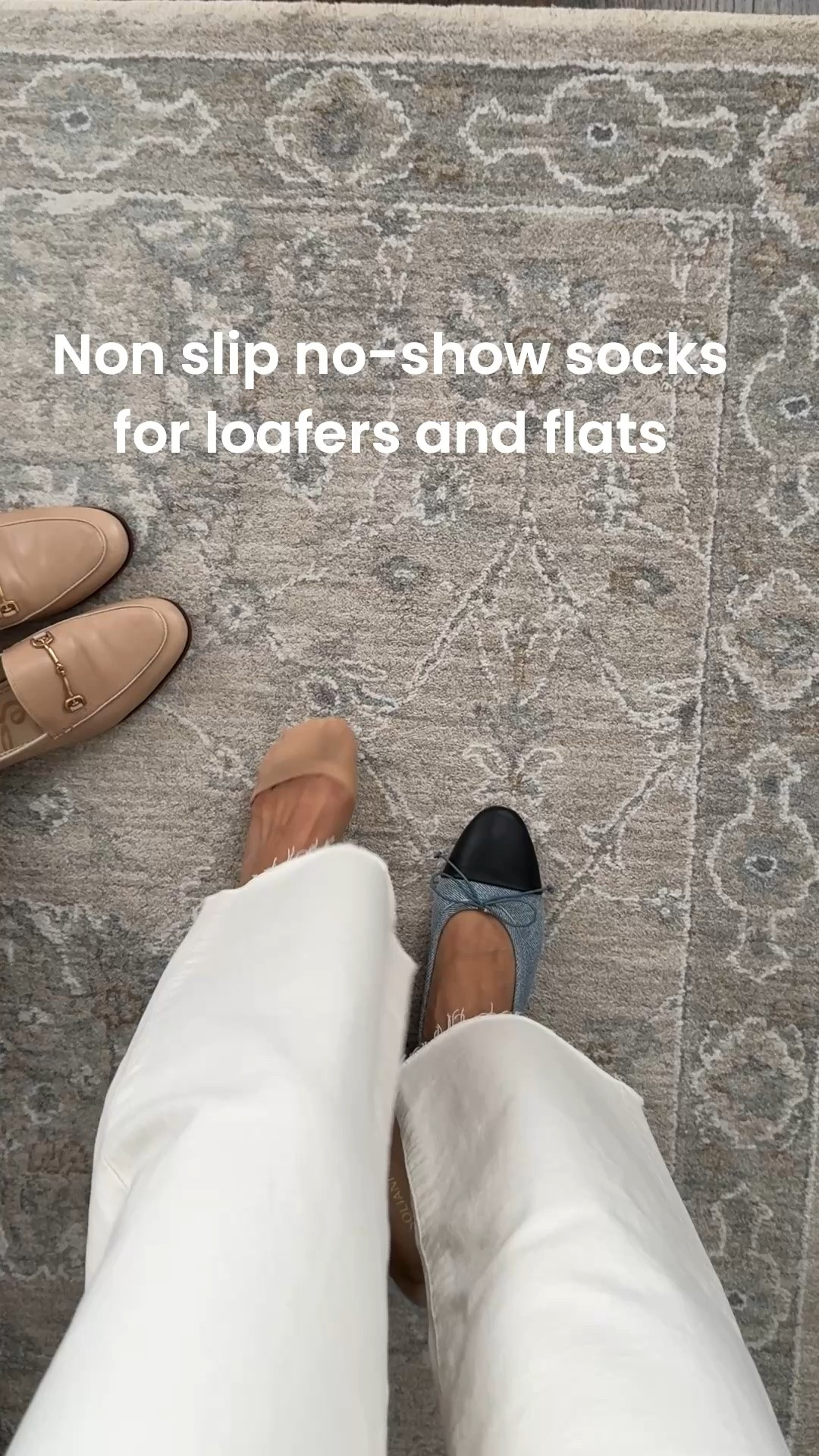 Thin no-show socks with a grip heel. These are size 6-9 and just fit me so if you're a small size 5 or below they may be too loose.

A. Soliani flats 5.5 great quality, comfy and TTS. They gave us code JEAN15 for 15% off which is their highest discount. Bought these a while back as a gift to self and they’re comfier than my Chanel flats. 

Sam edelman loafers 5.5 very comfy

Madewell ecru jeans 24 petite 

Quince rug
