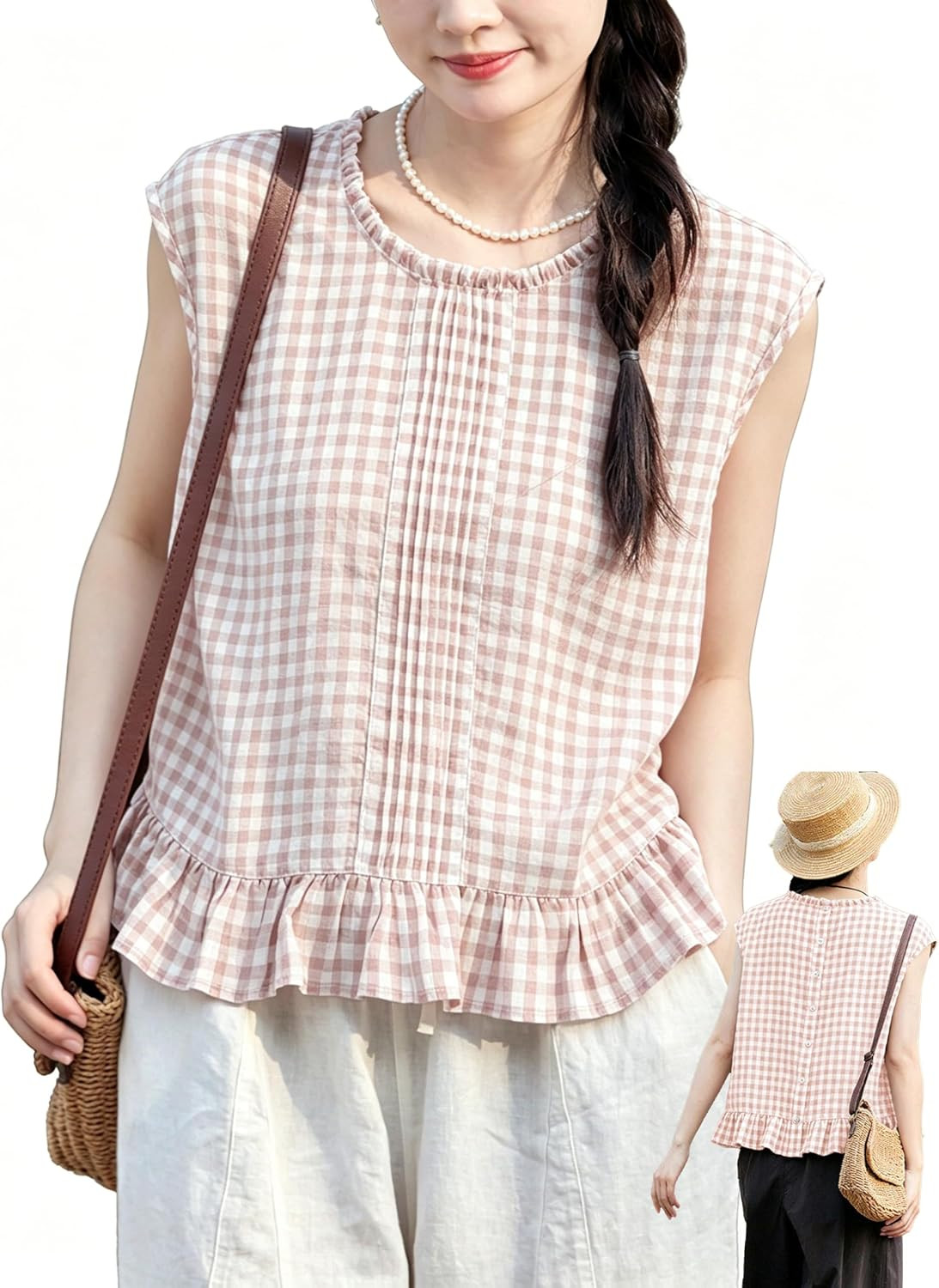Women Cotton Plaid Sleeveless Shirt Lace Collar Ruffled Hem Back Button Details for a Casual Summer Top | Amazon (US)