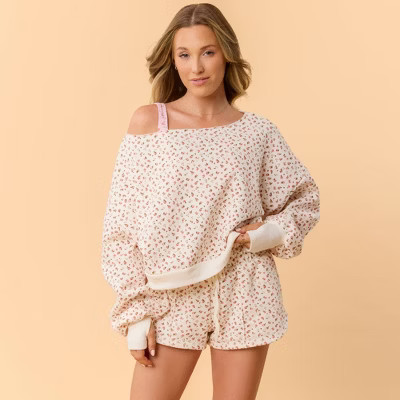 Blogilates Women's Dance Studio Off the Shoulder Sweatshirt - Cream Floral L | Target