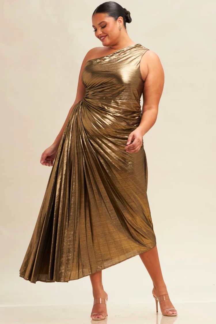 Olympia Gold Metallic Pleated One Shoulder Gown - Plus | Confête