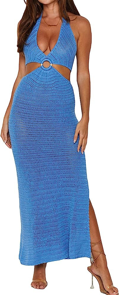 ROAONOCOMO Women Crochet Knit Maxi Dresses Y2K Hollow Out Long Dresses Halter Neck Bodycon Dress ... | Amazon (US)