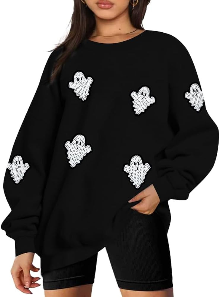 Women Halloween Sweatshirt Oversized Sequin Ghost Shirts Spooky Season Halloween Sweater Crewneck... | Amazon (US)