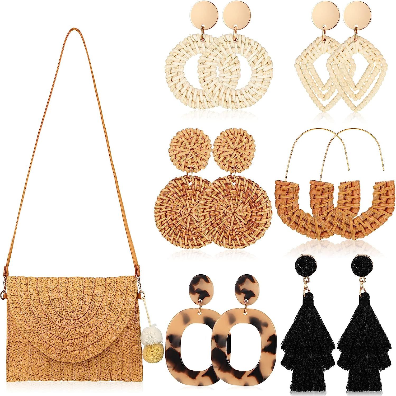 Straw Crossbody Bag for Women with 6 Pairs Boho Earrings Clutch Purse Adjustable Handbag Summer H... | Amazon (US)