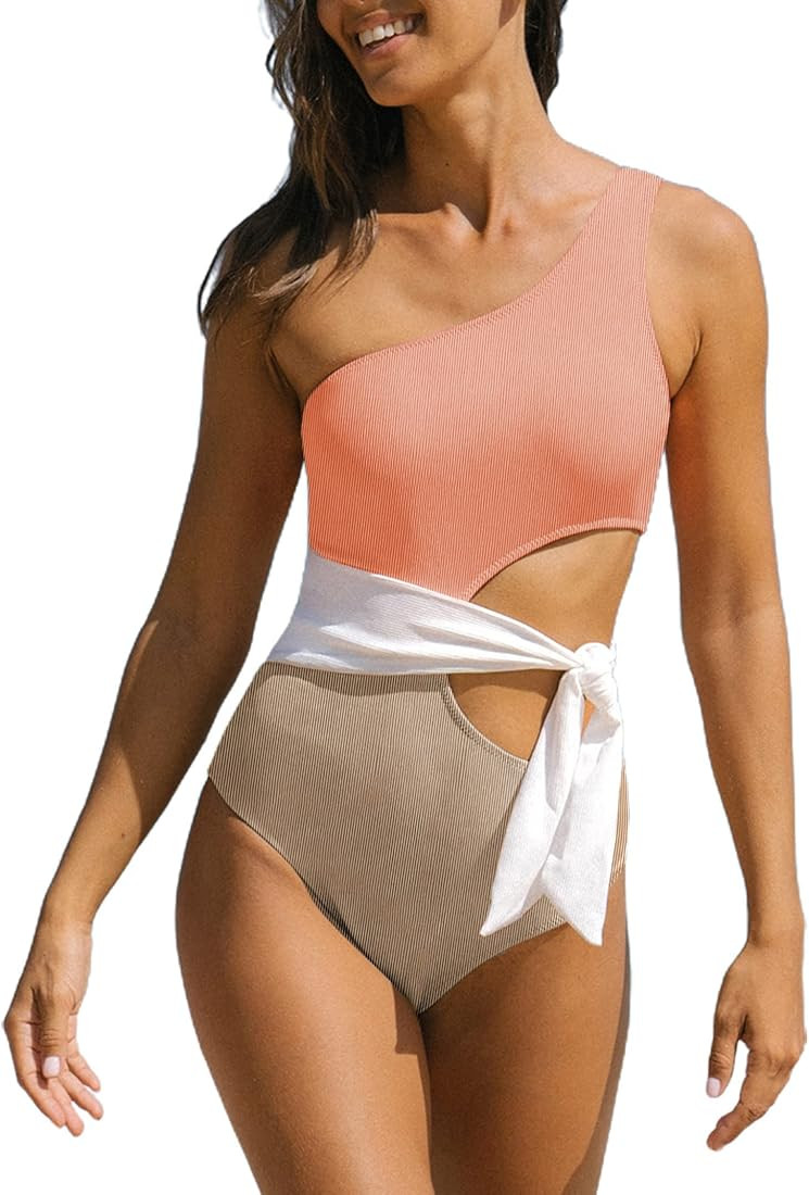 Hilinker Women's One Shoulder Knot Cut Out Color Block Ribbed One Piece Swimsuit | Amazon (US)