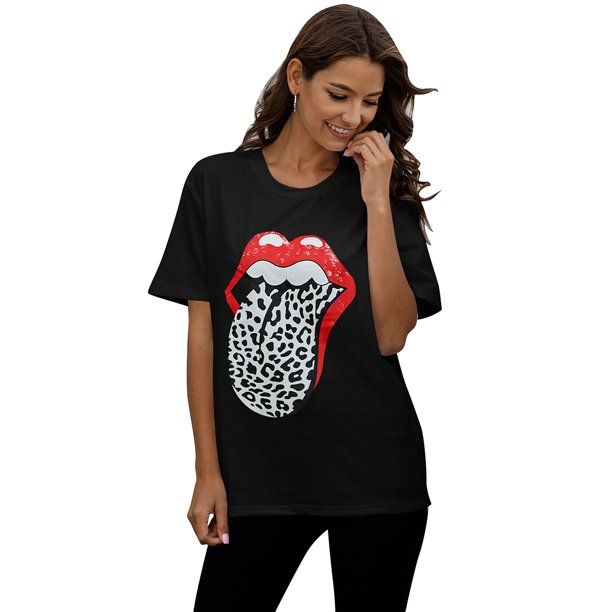 Women Lips Print Short Sleeve T Shirt Ladies Casual Summer Crew Neck Blouse Tops Tee | Walmart (US)